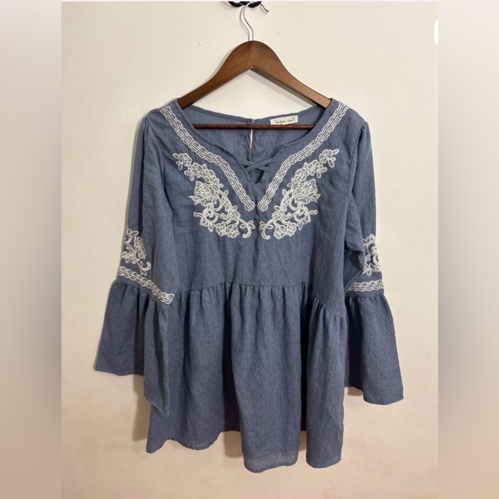 Indigo Soul Peasant Top Womens XL Blue Embroidered Bell Sleeve Babydoll Tunic